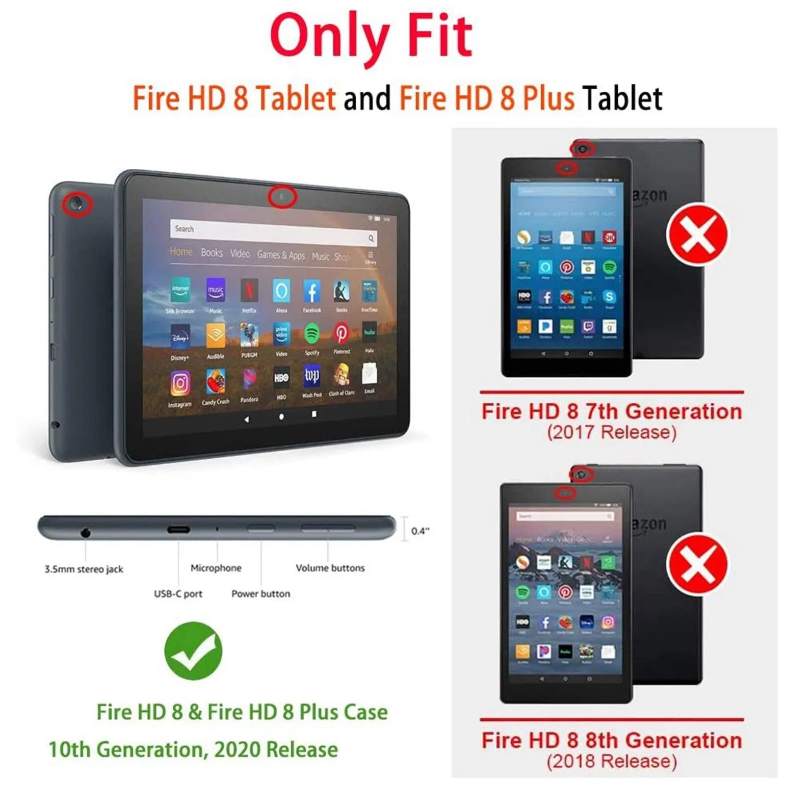 For Amazon Fire HD 8 Plus 2020 Kids Case Shockproof Cover With Stand - Black