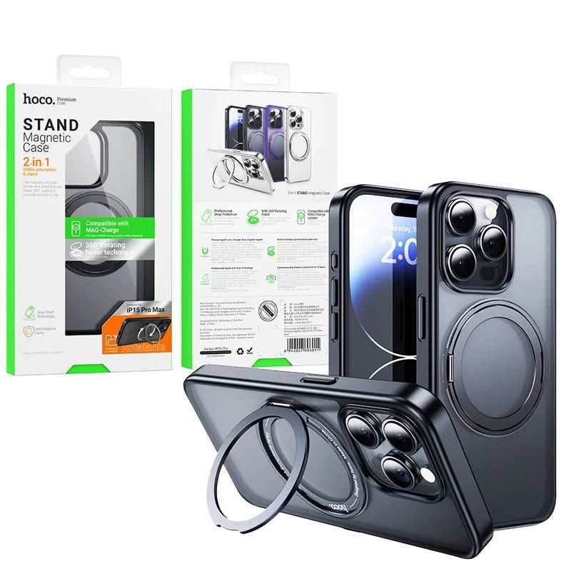For Apple Iphone 15 Plus Hoco AS1 (2in1) Stand Magnetic Magsafe Case Black