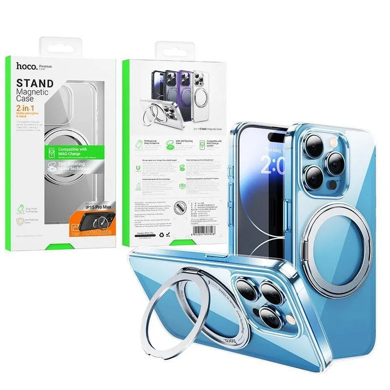 For Apple Iphone 15 Pro Hoco AS1 2 In 1 Stand Magnetic Magsafe Case Transparent