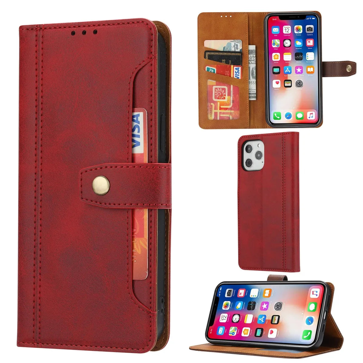 For Apple iPhone 12 Pro Max (6.7") Stitched Card Slots Premium Aokus Wallet Case Red