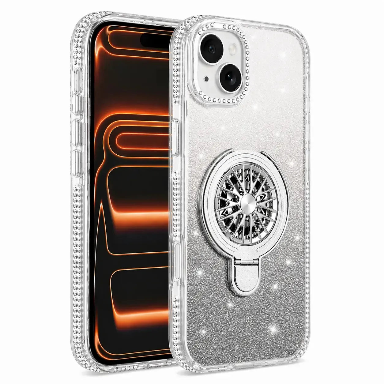 For Apple iPhone 13 / 14 Magnetic Diamond Kickstand Case Silver