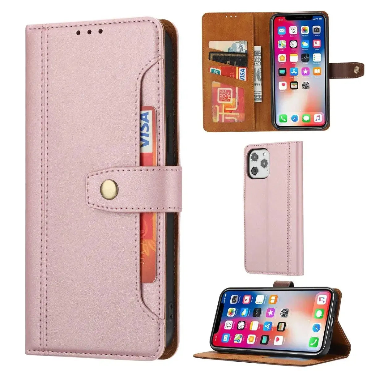 For Apple iPhone 13 Pro Max Stitched Card Slots Premium Aokus Wallet Case Pink