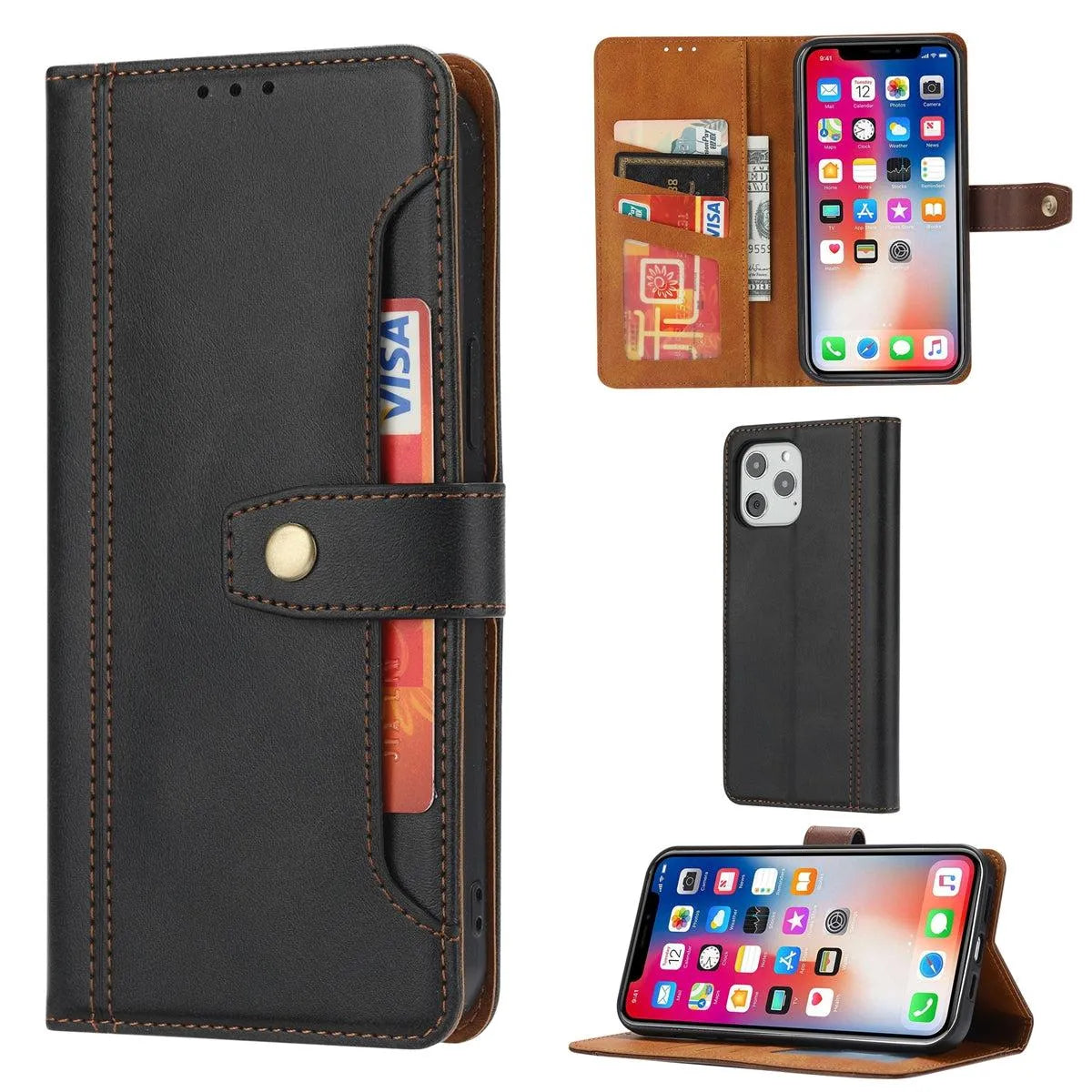 For Apple iPhone 14 Pro Max Stitched Card Slots Premium Aokus Wallet Case - Black