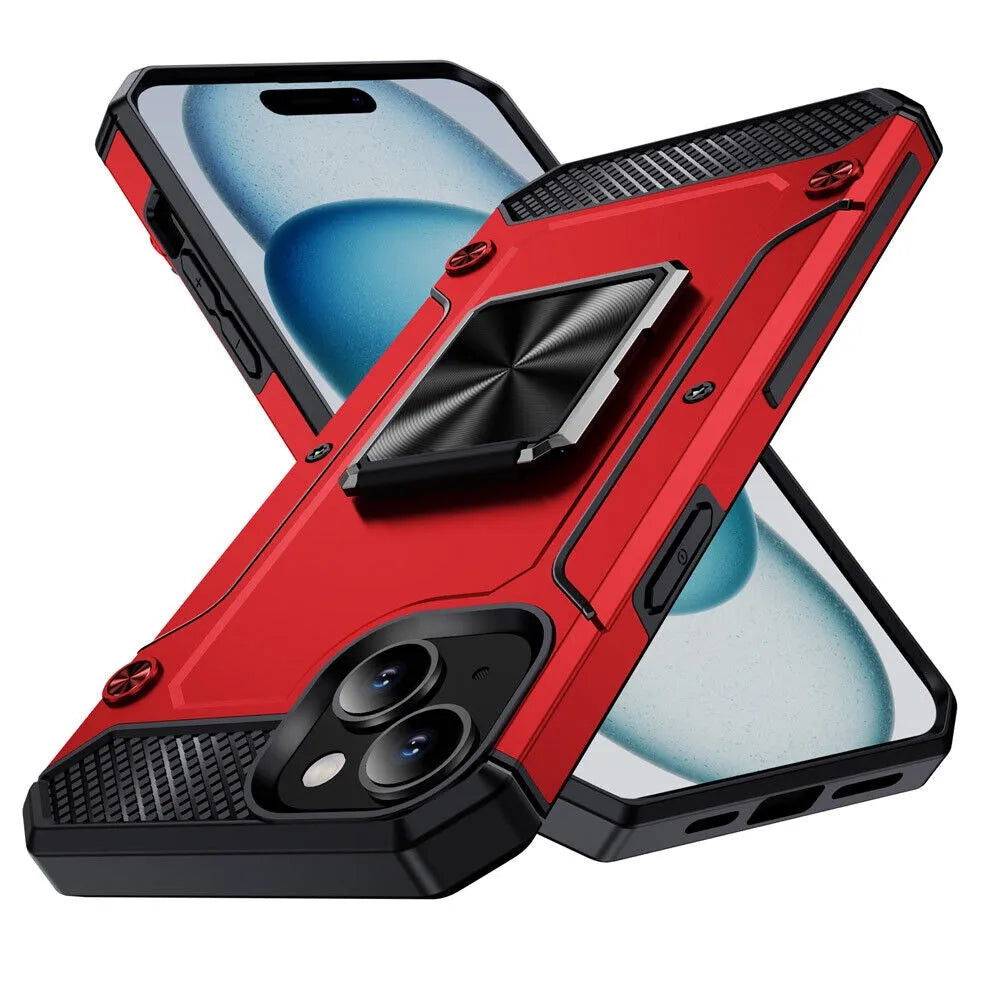 For Apple iPhone 15 Heavy Duty Rotating Bumper Stand Case Red