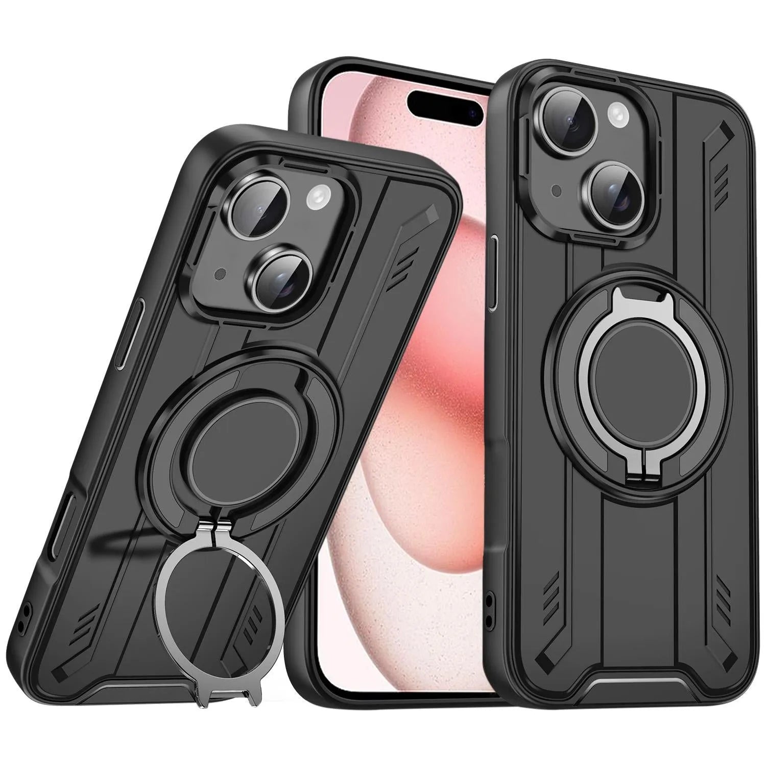 For Apple iPhone 15 Magnetic Armour Rotating Stand Case Black