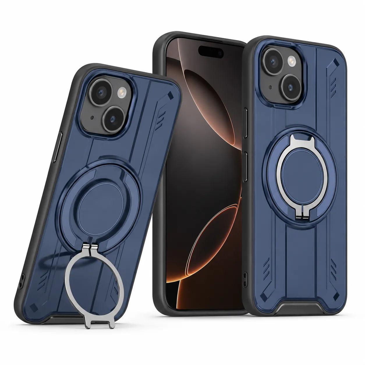 For Apple iPhone 15 Magnetic Armour Rotating Stand Case Blue