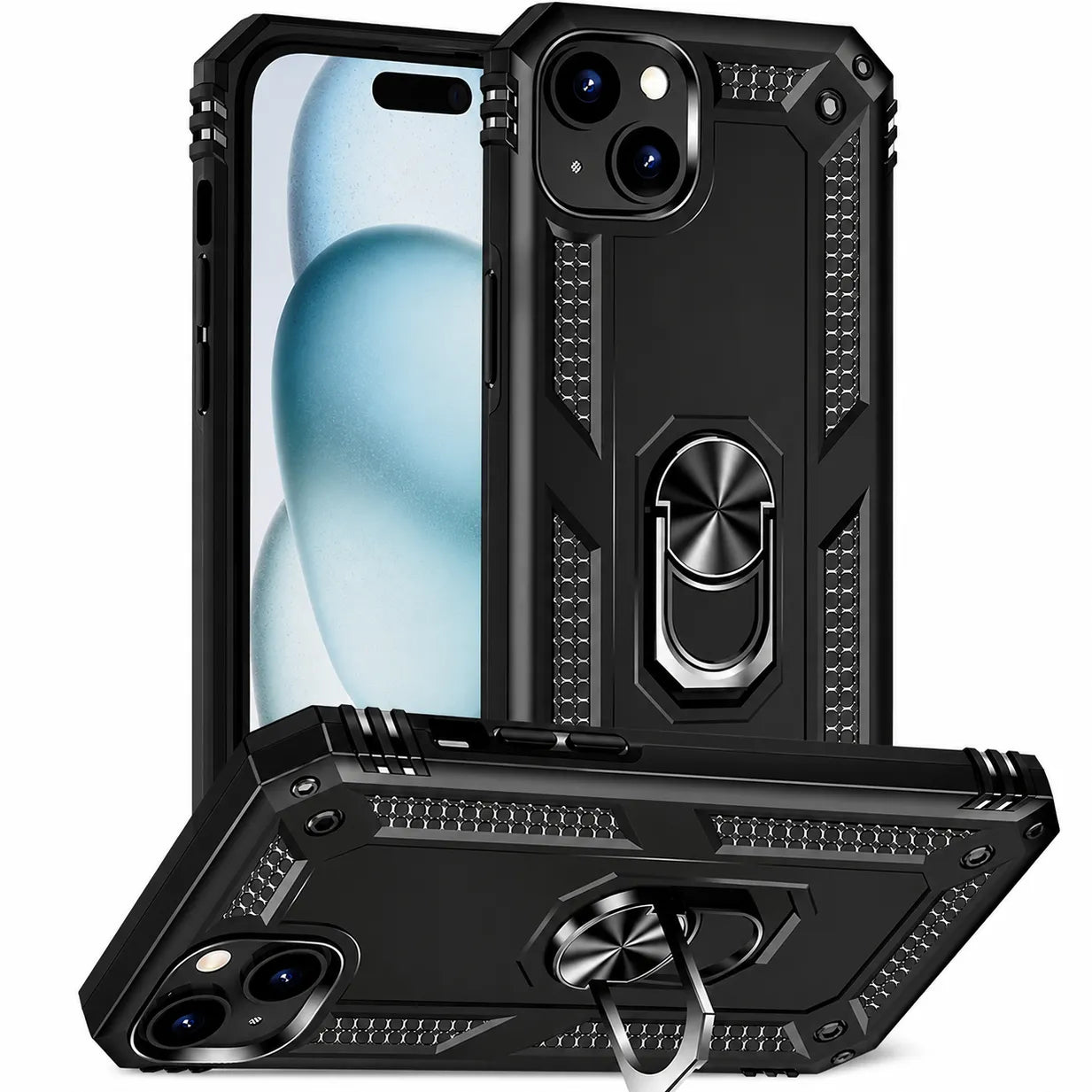 For Apple iPhone 15 Magnetic Car Mount Protective Ring Holder Case Black