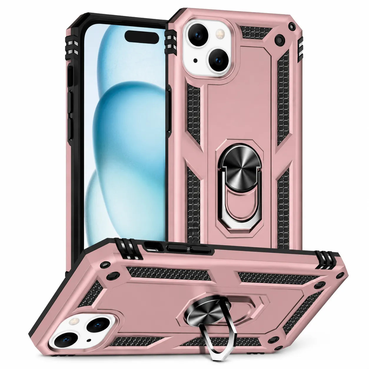 For Apple iPhone 15 Magnetic Car Mount Protective Ring Holder Case Rose Gold