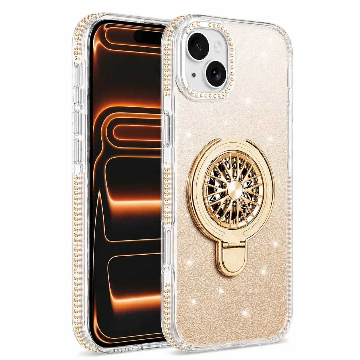 For Apple iPhone 15 Magnetic Diamond Kickstand Case Gold