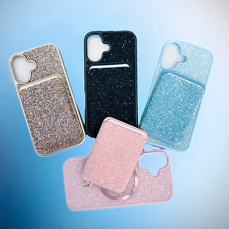 For Apple iPhone 15 Premium Magsafe Glitter Case With Card Wallet Pink