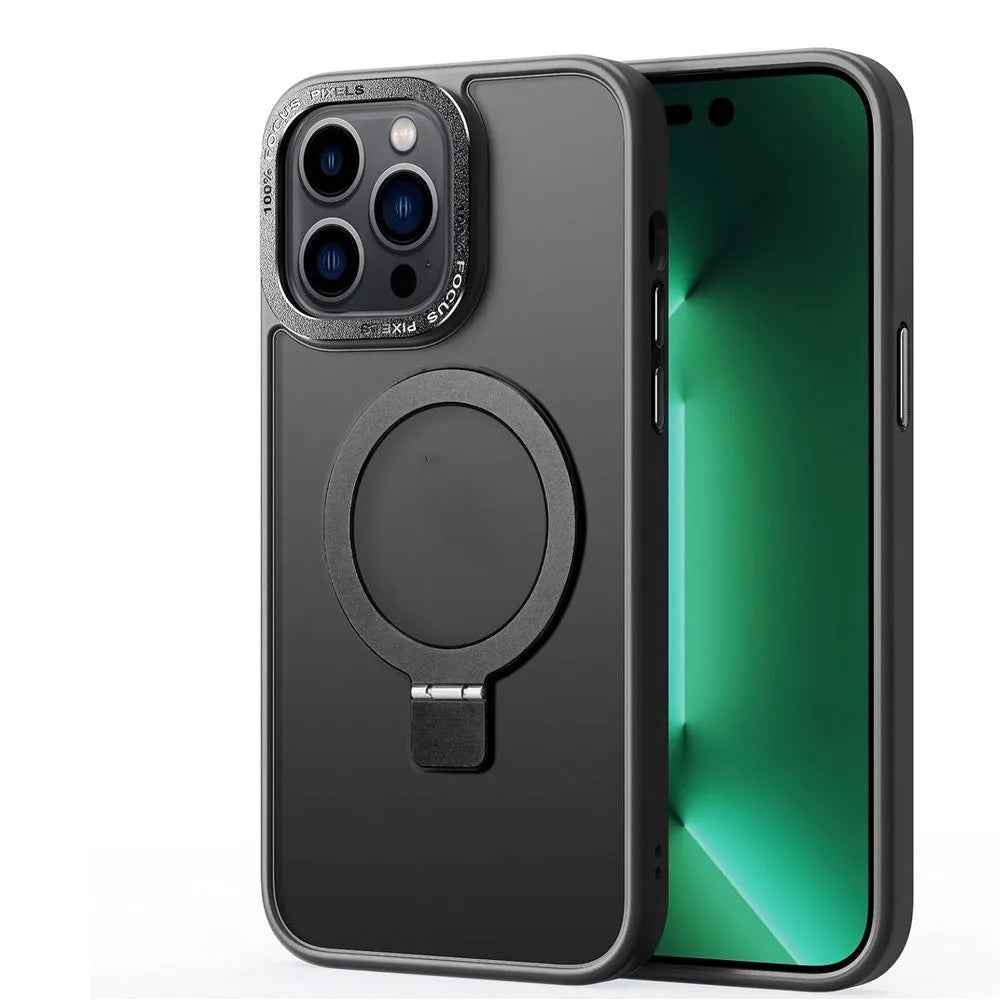 For Apple iPhone 15 Pro Max Skin-Feel Magsafe Ring Stand Case Black