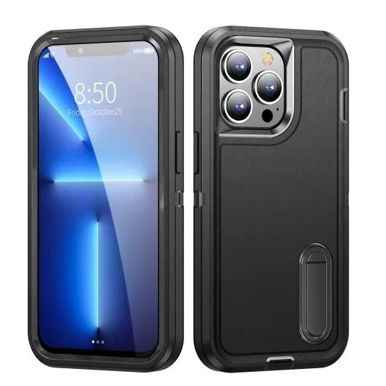 For Apple iPhone 15 Pro Max Triple Defender with Stander Case Black