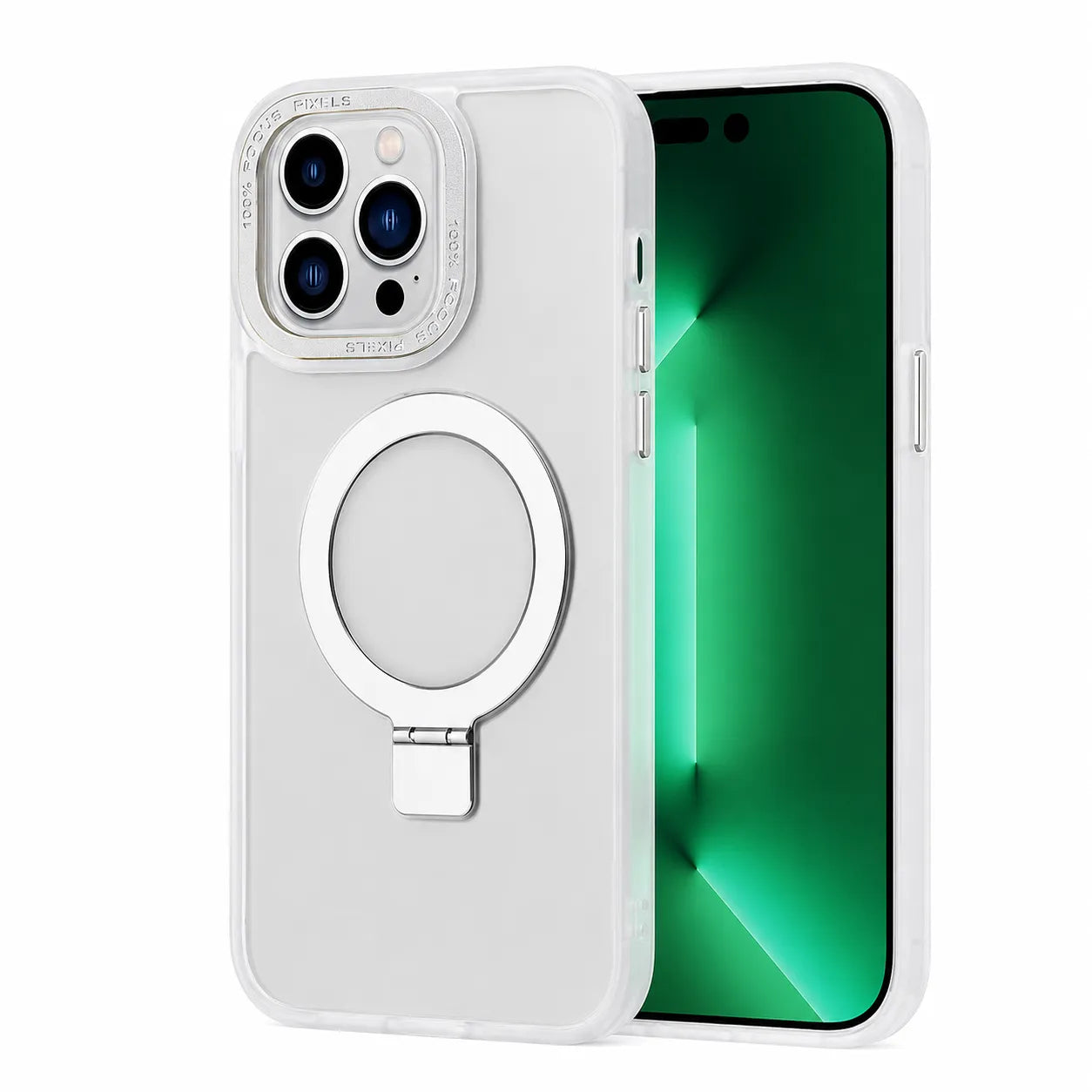 For Apple iPhone 15 Pro Skin-Feel Magsafe Ring Stand Case White
