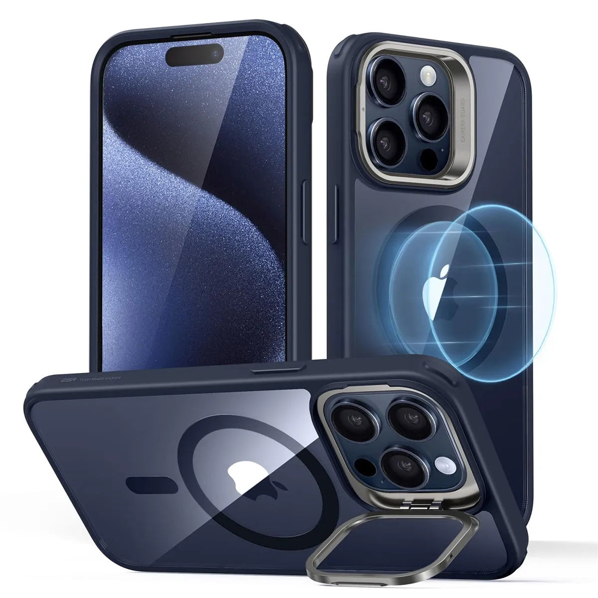 For Apple iPhone 15 Skin-Feel Camera Holder Magsafe Case Blue