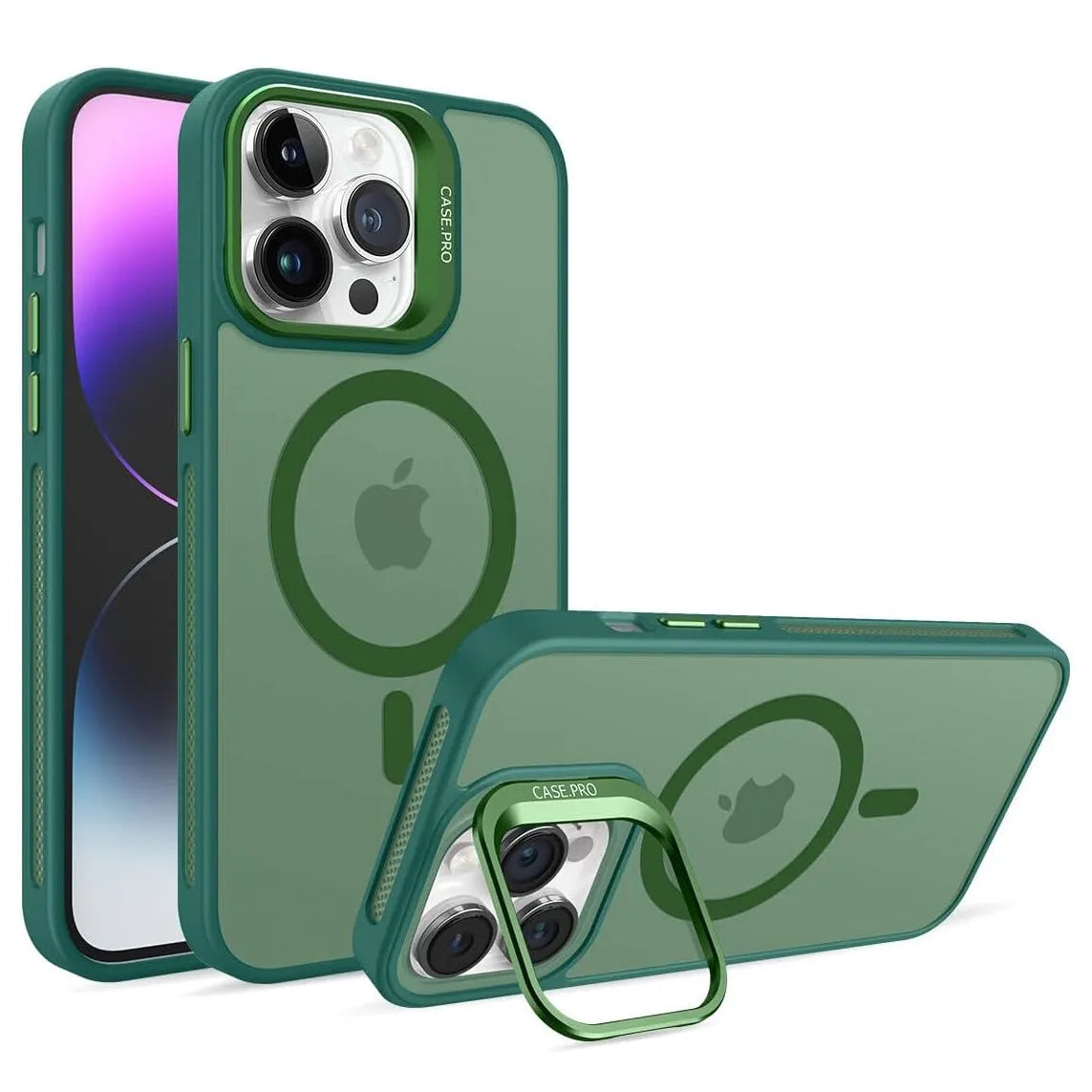 For Apple iPhone 15 Skin-Feel Camera Lens Holder Magsafe Case Green