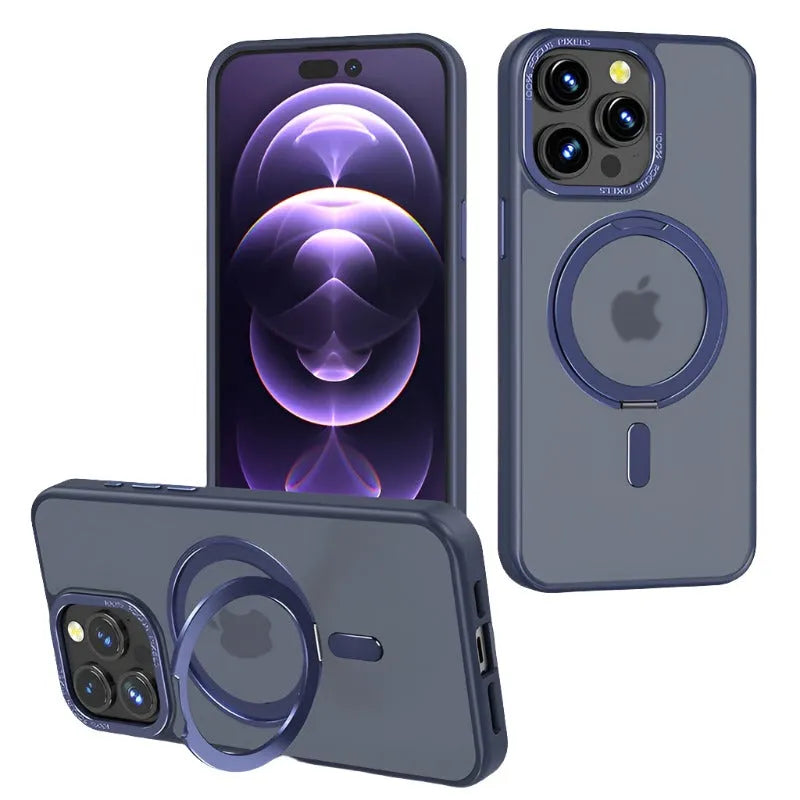 For Apple iPhone 15 Smooth Silicon Rotating Stand Case Blue