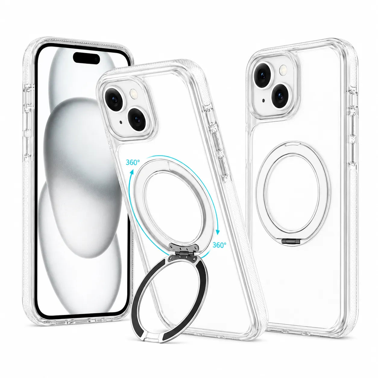 For Apple iPhone 15 iShield Magsafe Rotating Stand Case Transparent