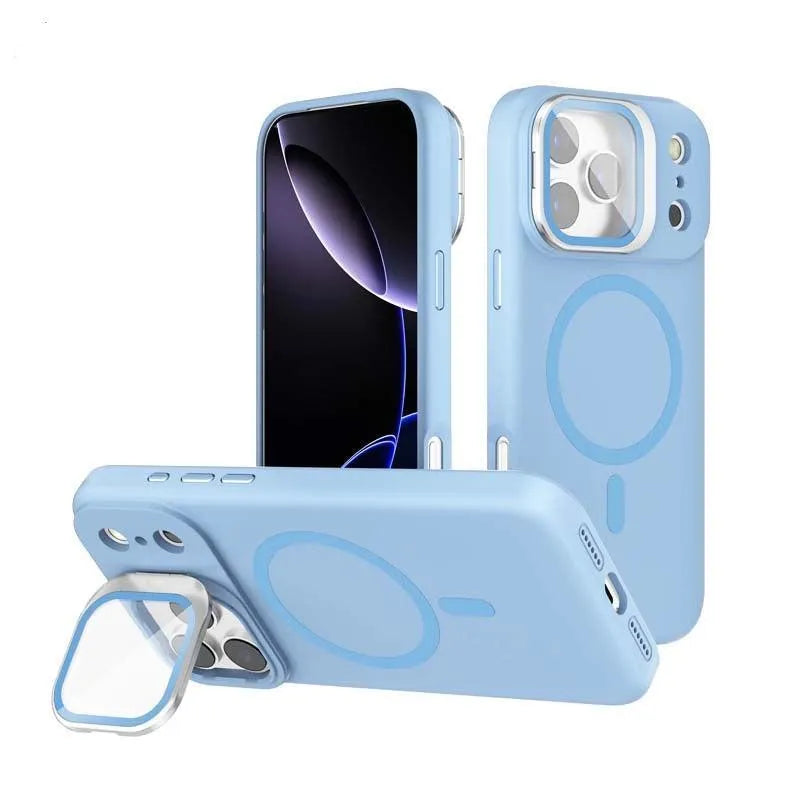 For Apple iPhone 16 Liquid Silicon With Camera Holder Magsafe Case Blue