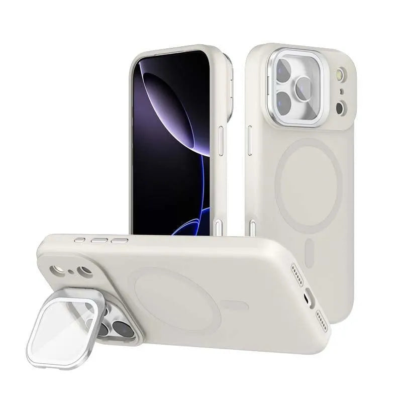 For Apple iPhone 16 Liquid Silicon With Camera Holder Magsafe Case White