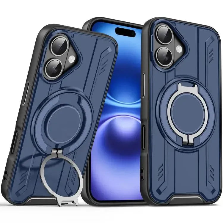 For Apple iPhone 16 Magnetic Armour Rotating Stand Case Blue