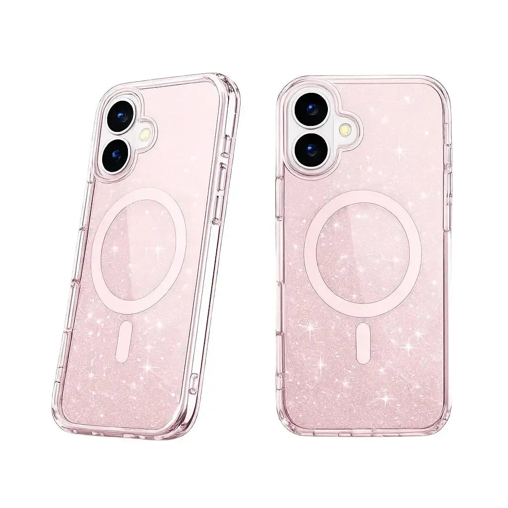 For Apple iPhone 16 Magsafe Magnetic Crystal Glitter Clear Case Transparent Pink