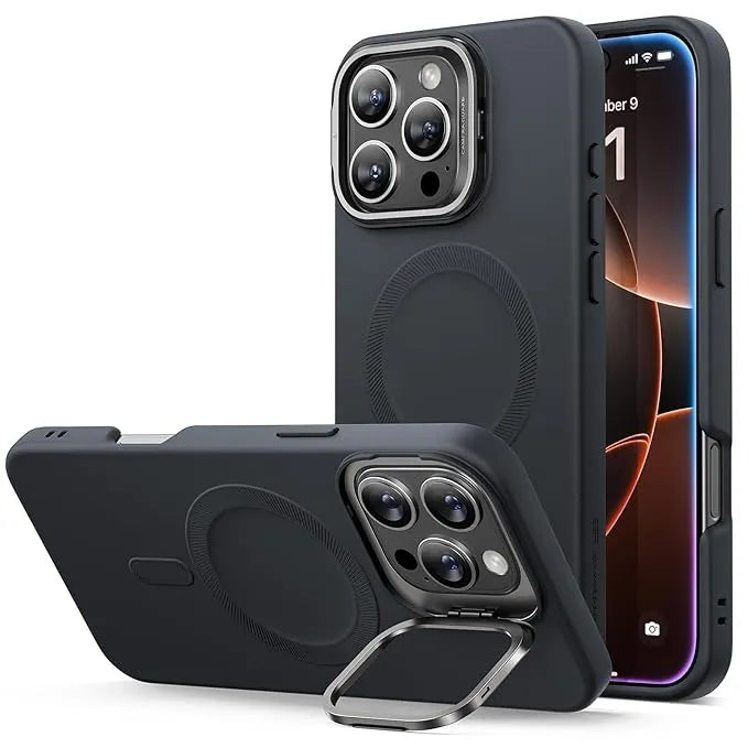 For Apple iPhone 16 Pro Liquid Silicon With Camera Holder Magsafe Case Black