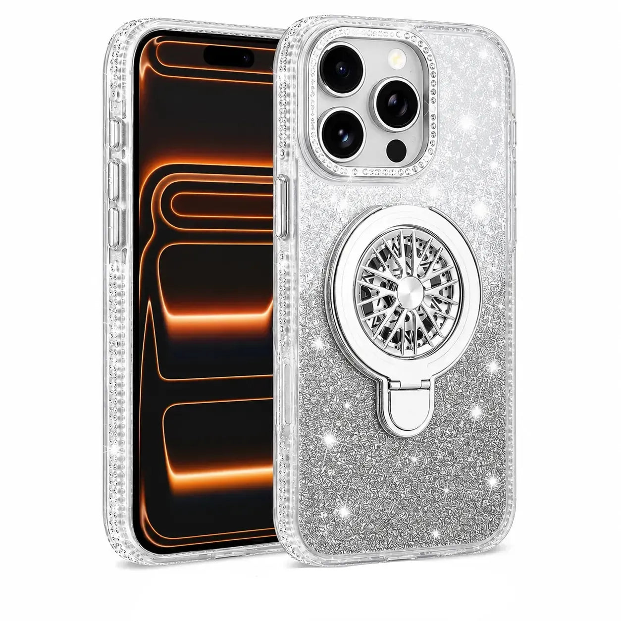For Apple iPhone 16 Pro Max Magnetic Diamond Kickstand Case Silver