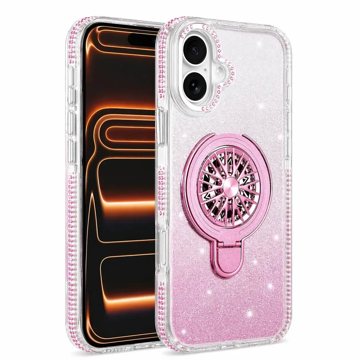 For Apple iPhone 17 Magnetic Diamond Kickstand Case Pink