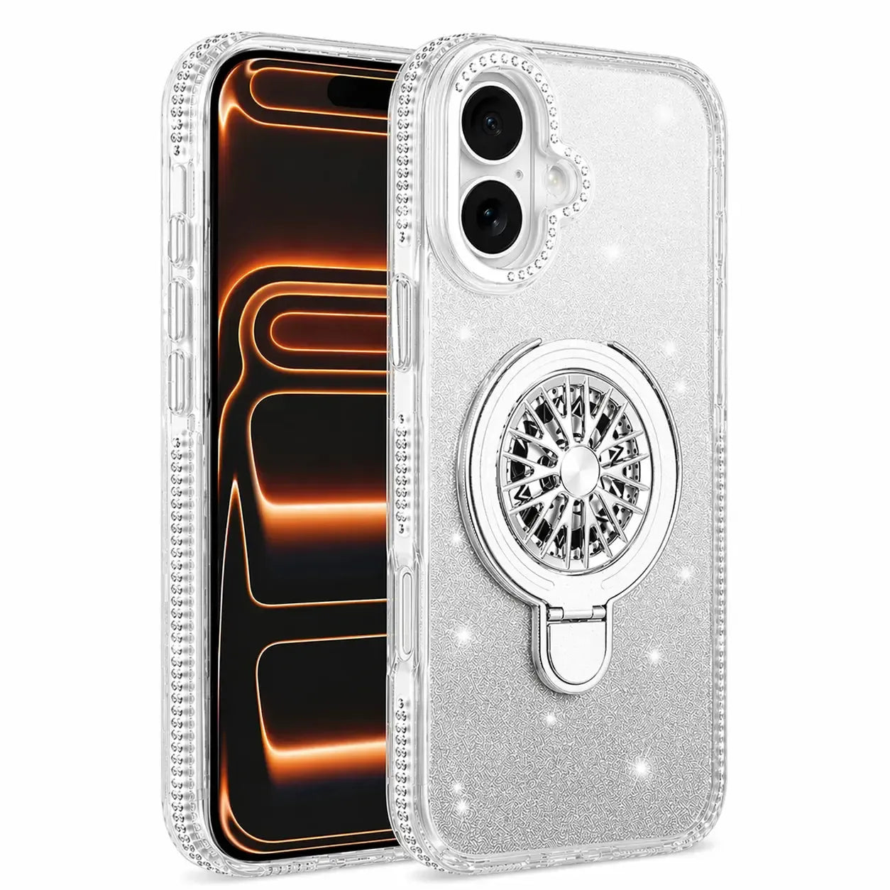 For Apple iPhone 17 Magnetic Diamond Kickstand Case Silver