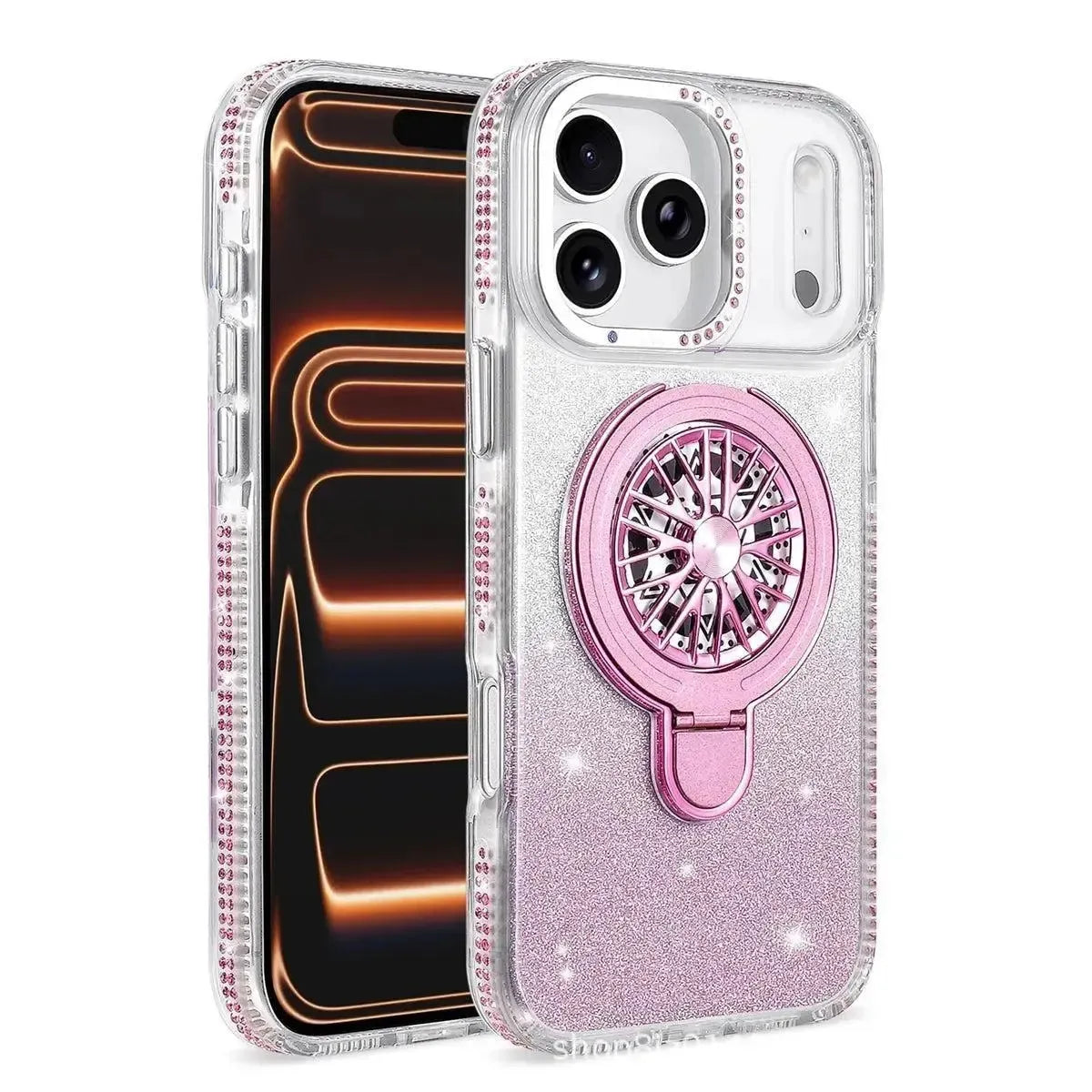 For Apple iPhone 17 Pro Max Magnetic Diamond Kickstand Case Pink