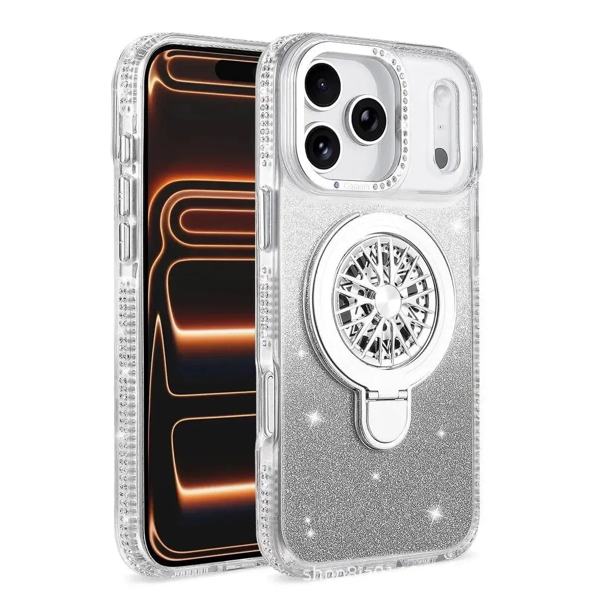 For Apple iPhone 17 Pro Max Magnetic Diamond Kickstand Case Silver