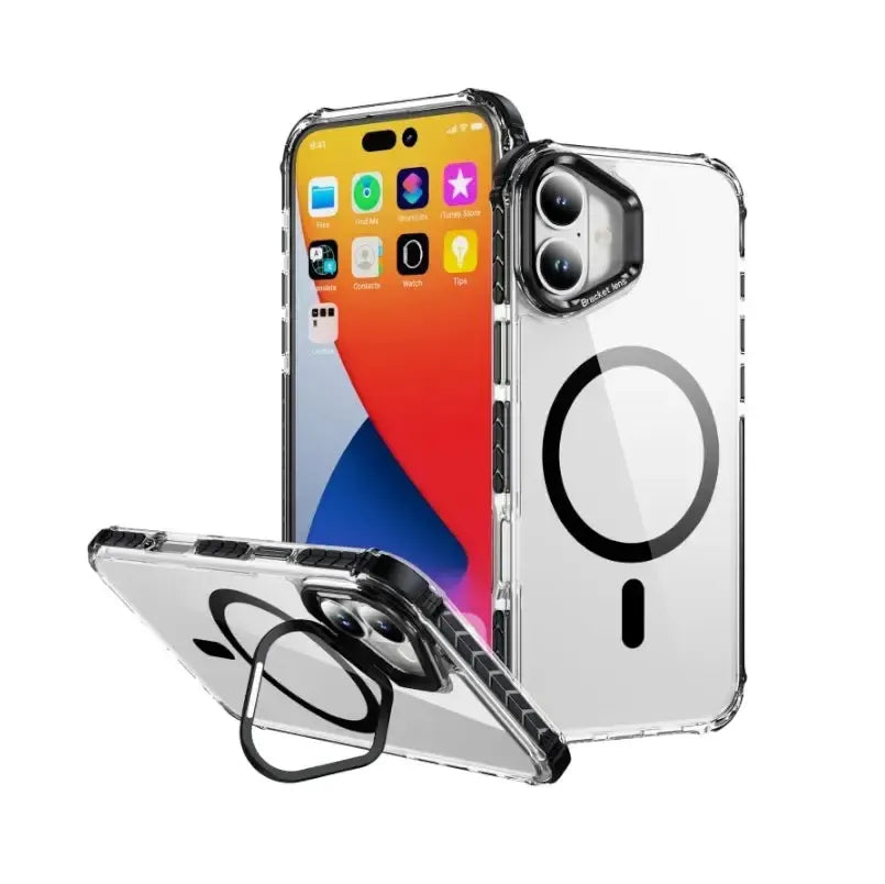 For Apple iPhone 17 Pro Max Rainbow Magsafe Case With Camera Stand Black