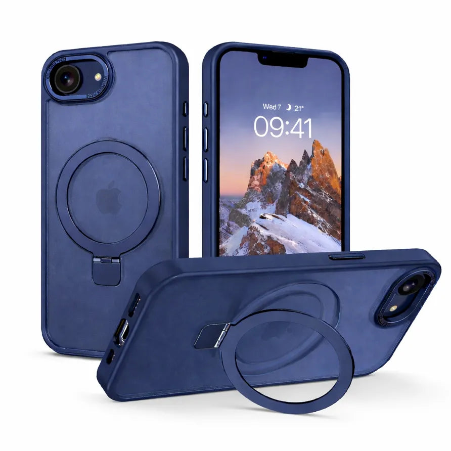 For Apple iPhone 17E Skin-Feel Magsafe Ring Stand Case Blue