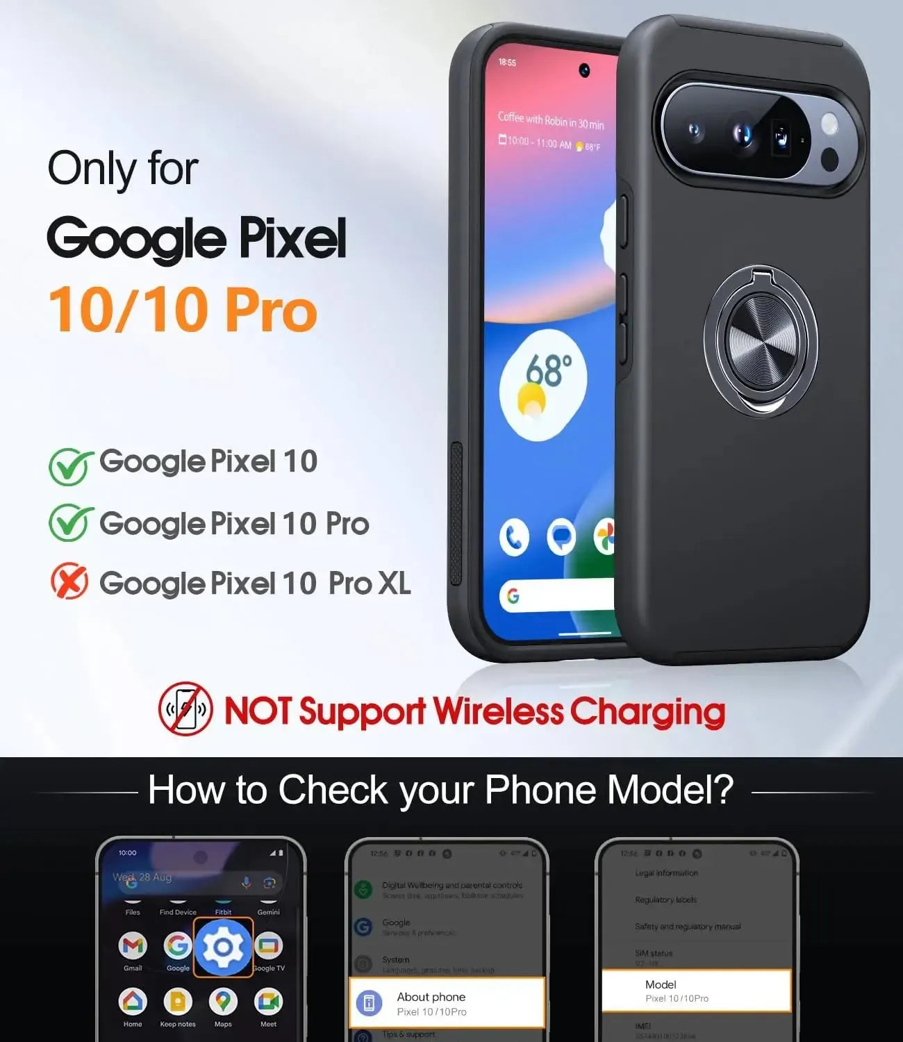 For Google Pixel 10 / 10 Pro Dual Layer Invisible Ring Case Black