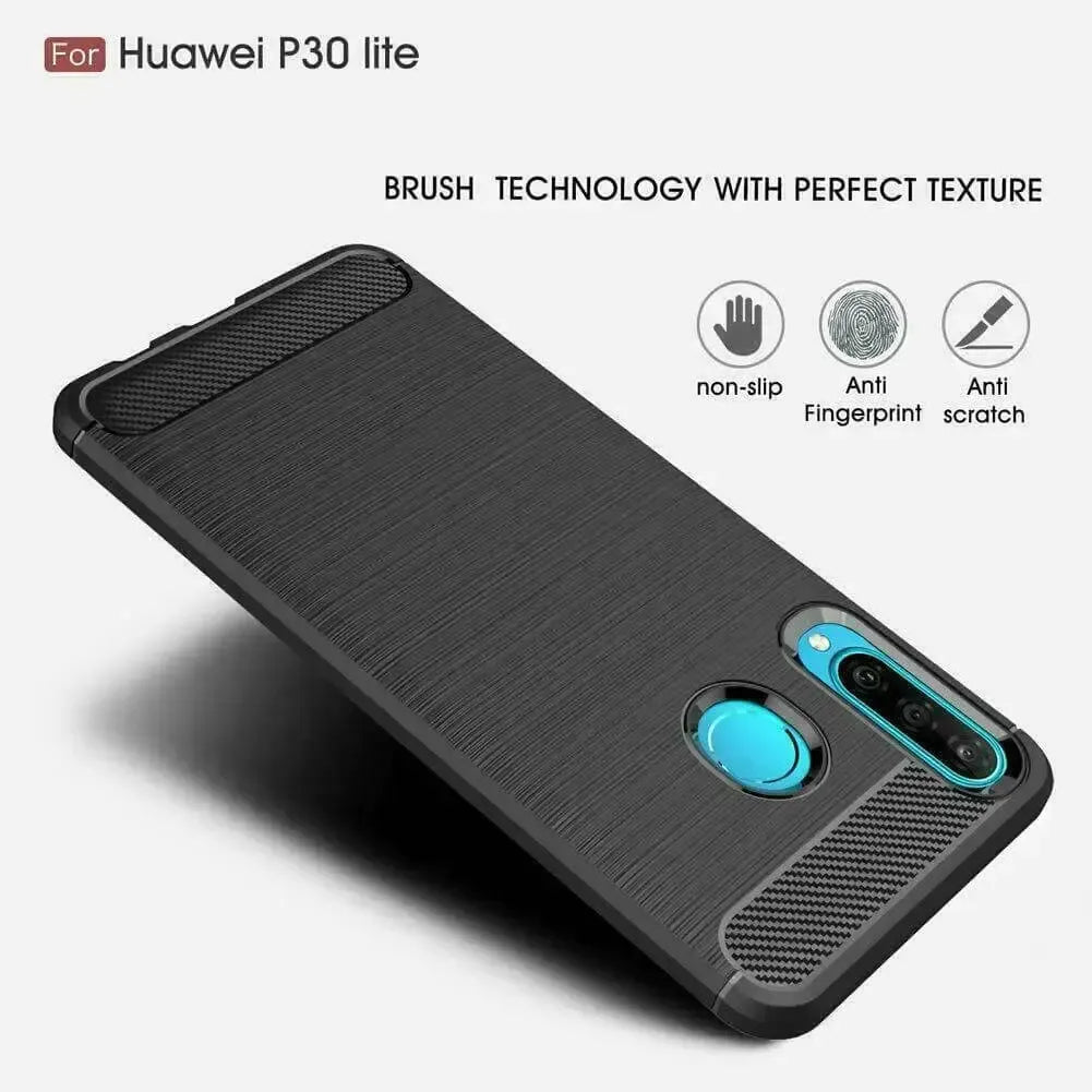 For Huawei P30 Lite Carbon Fibre Design Case TPU Cover - Black