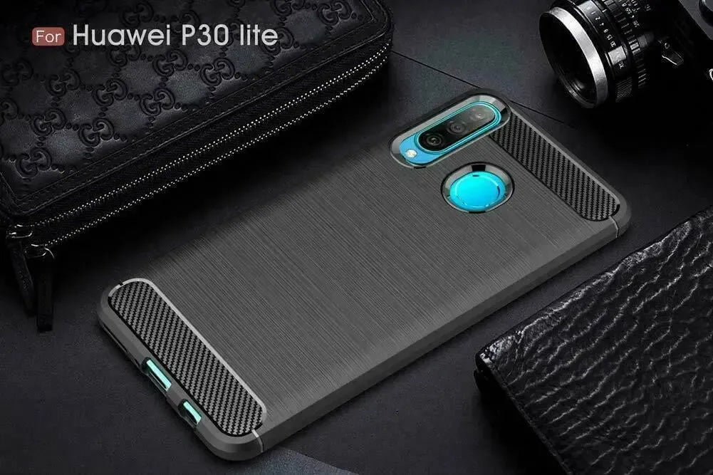 For Huawei P30 Lite Carbon Fibre Design Case TPU Cover - Black