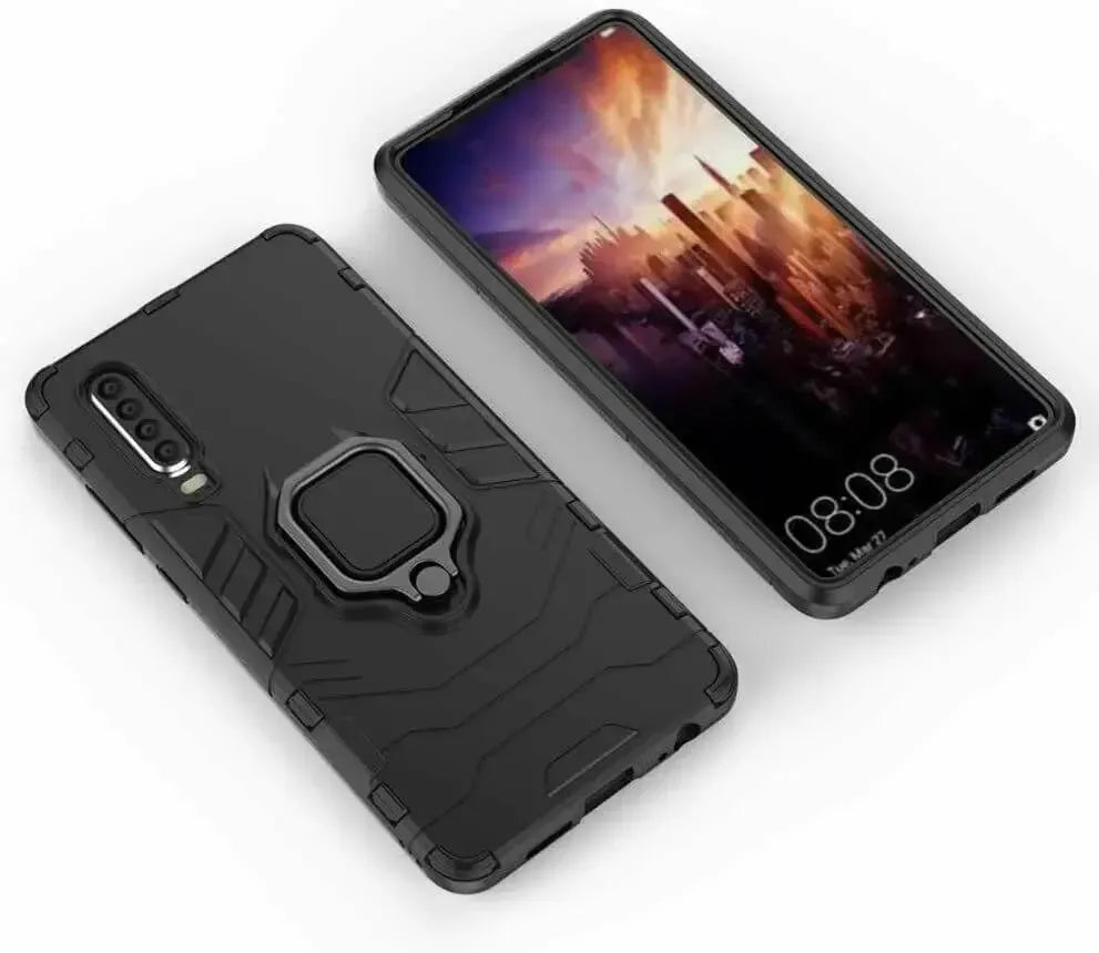 For Huawei P30 Luxury Armor Case Shockproof Cover Magnet Ring Holder - Black