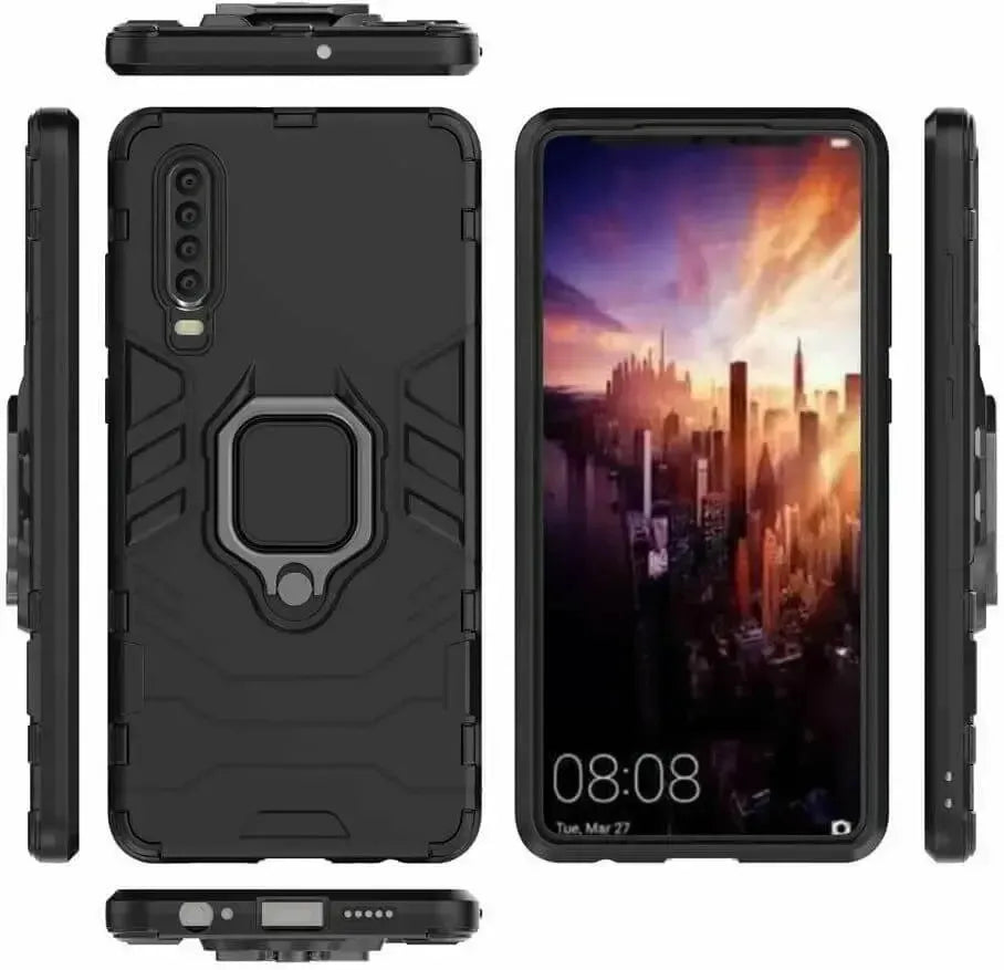 For Huawei P30 Luxury Armor Case Shockproof Cover Magnet Ring Holder - Black