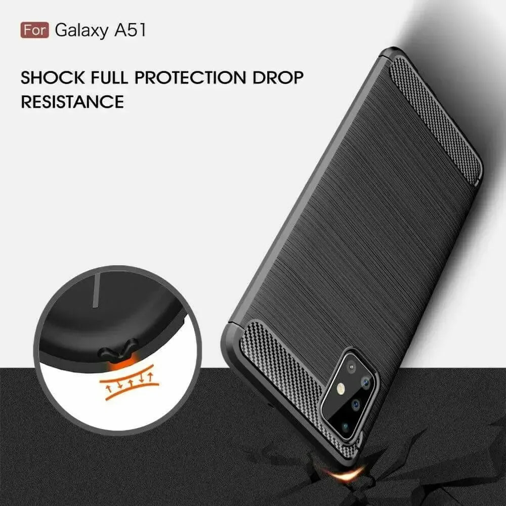 For Samsung Galaxy A51 Carbon Fibre Design Case TPU Cover - Black