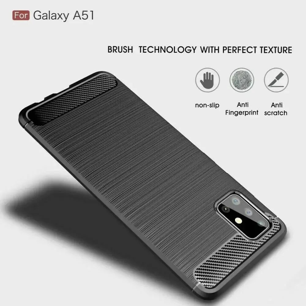 For Samsung Galaxy A51 Carbon Fibre Design Case TPU Cover - Black