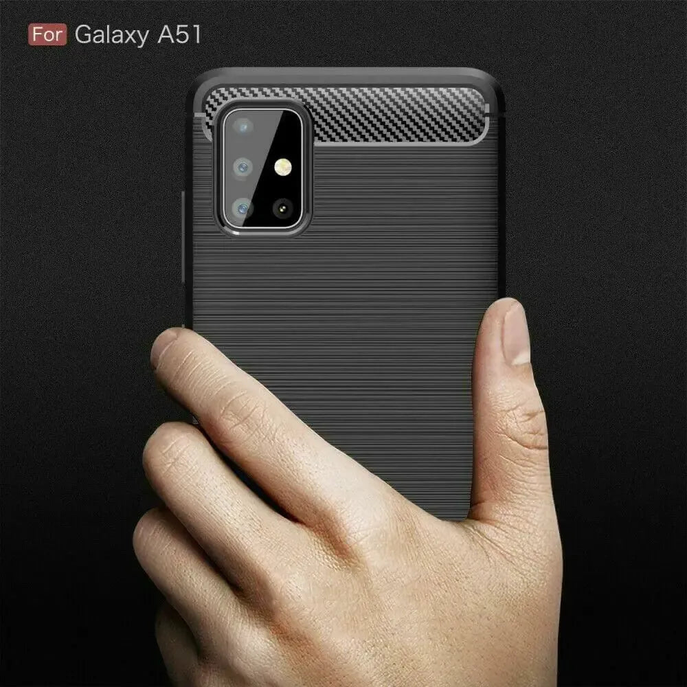 For Samsung Galaxy A51 Carbon Fibre Design Case TPU Cover - Black