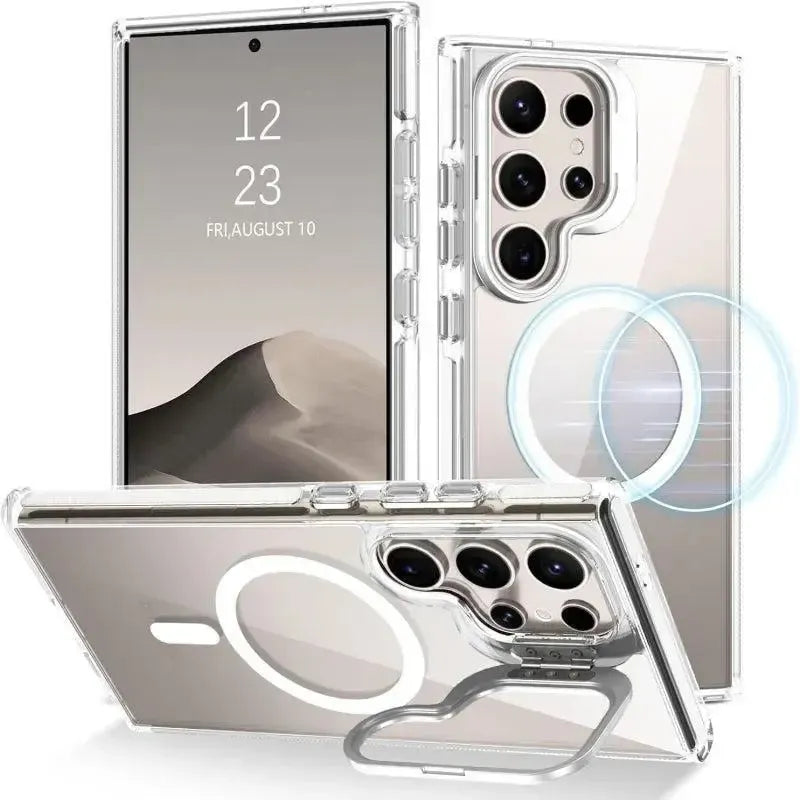 For Samsung Galaxy S24 Ultra Shockproof Camera Lens Holder Magsafe Case Transparent