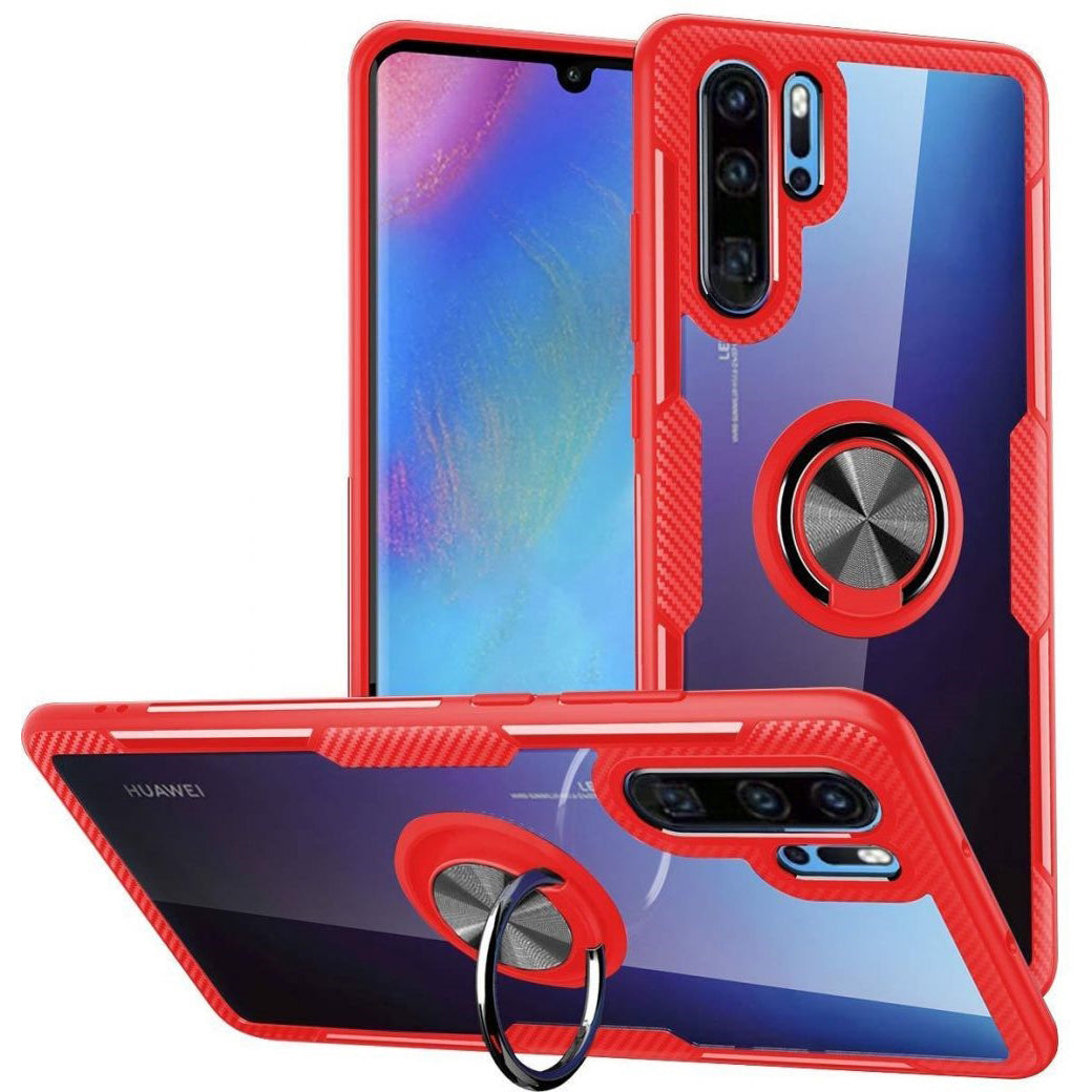 For Samsung Galaxy S10 Plus Carbon Fiber Transparent Ring Case Red