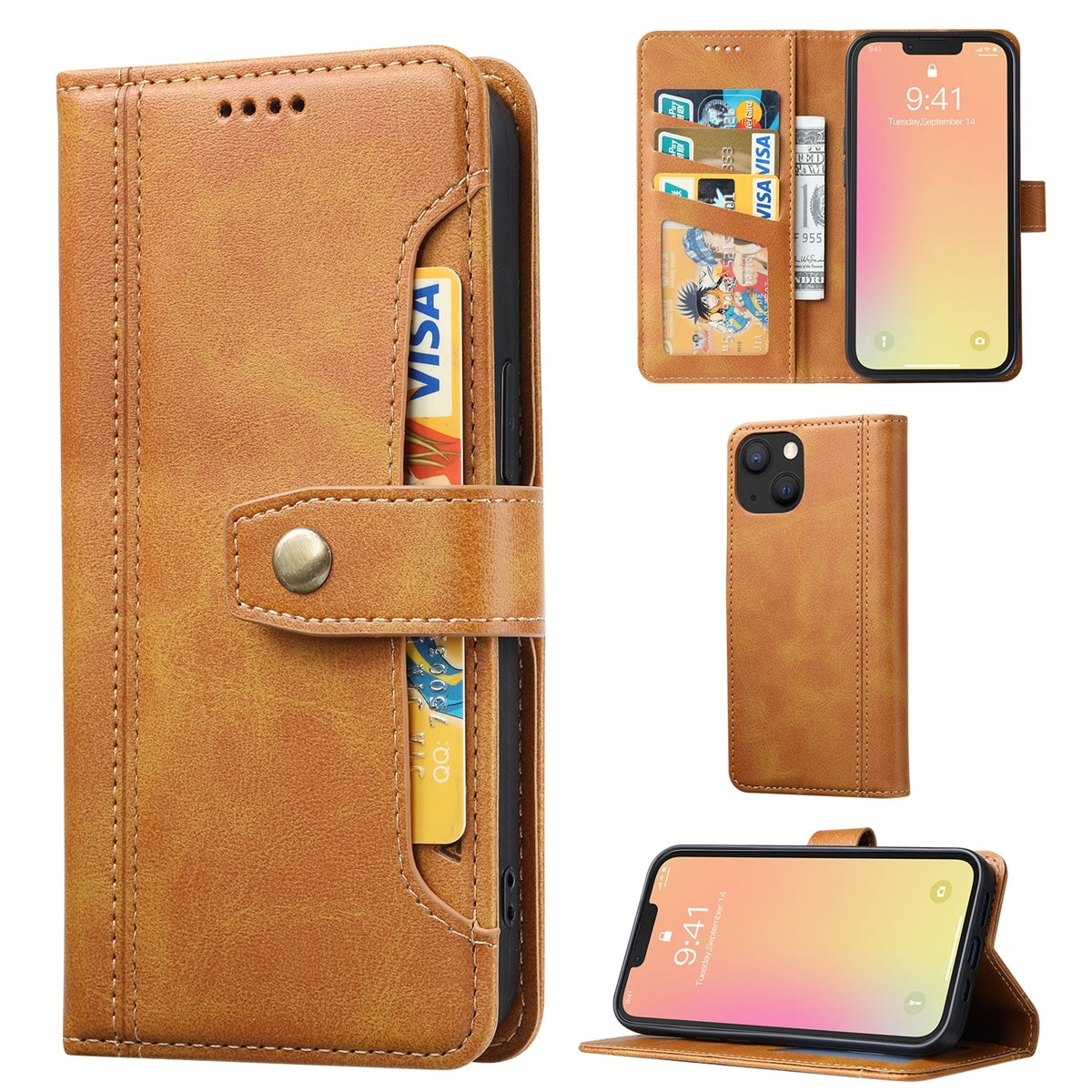 For Samsung Galaxy S22 Stitched Card Slots Premium Aokus Wallet Case Khaki-www.firsthelptech.ie