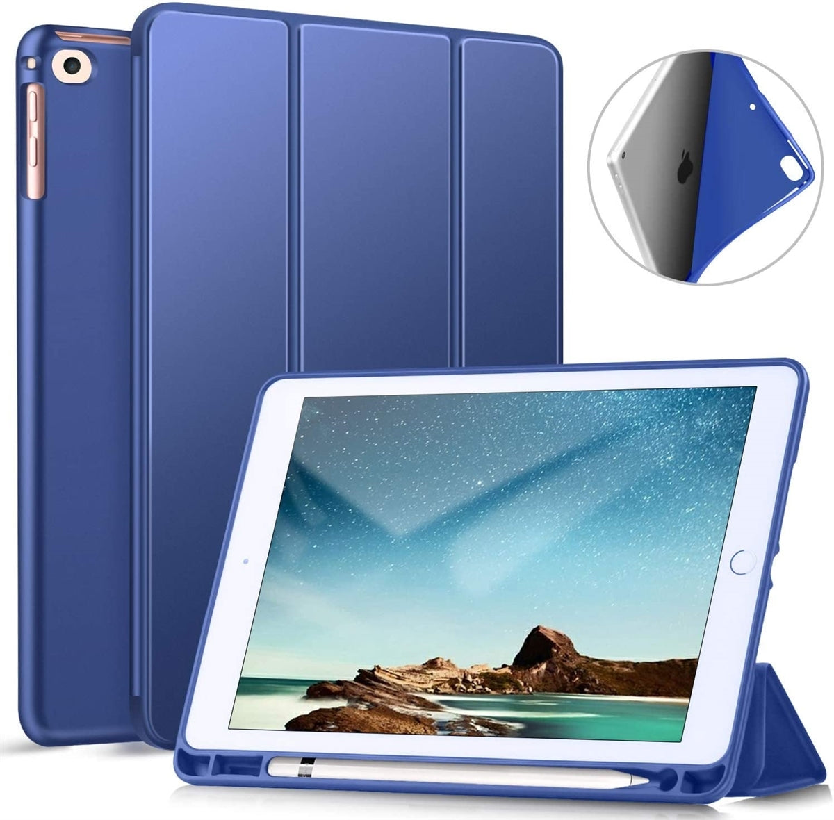 For Samsung Galaxy Tab S9 2023 TPU Tri Fold Pen Slot Wallet Case Blue