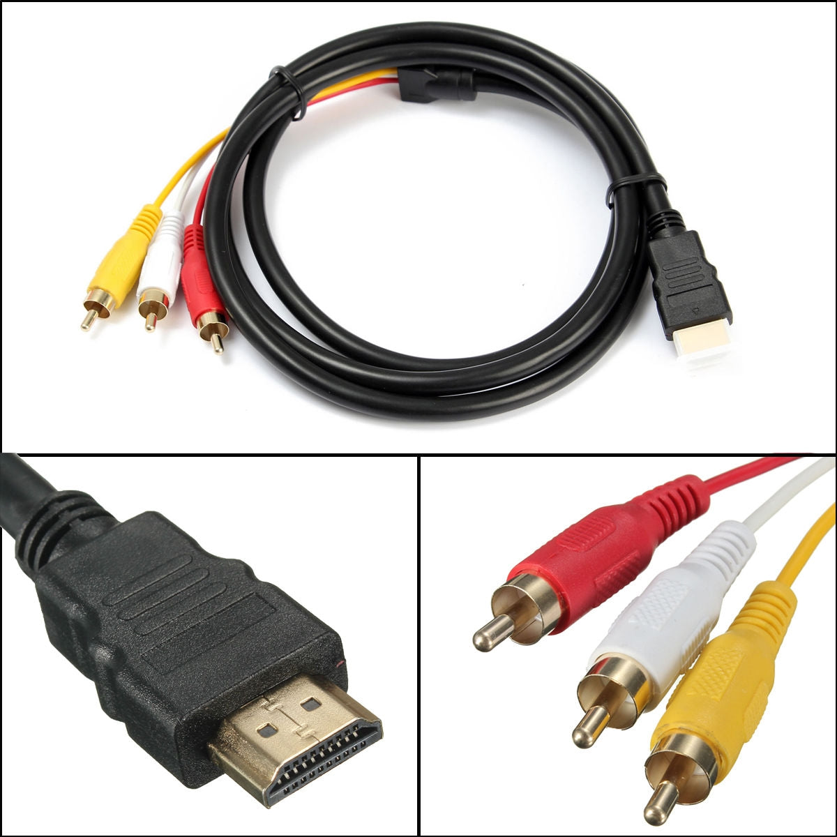 HDMI Male To 3 RCA Audio Video AV Jack Cable Black