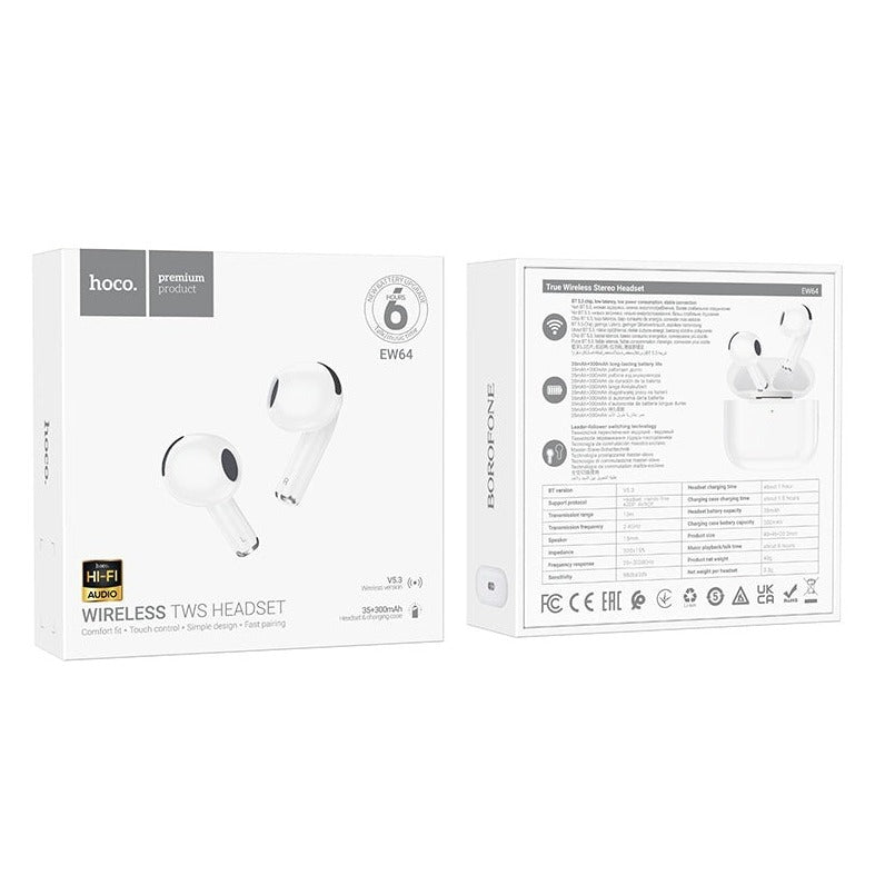 Hoco EW64 3rd Gen Design True Wireless Stereo Headset White-www.firsthelptech.ie