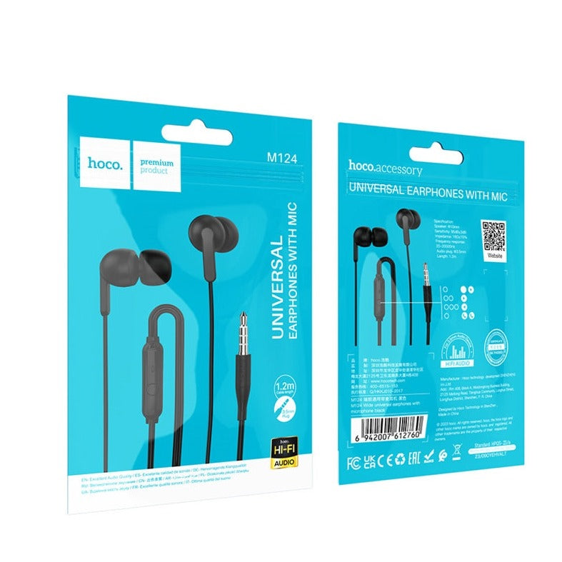 Hoco M124 Wide Universal Buds Earphones with Microphone Black-www.firsthelptech.ie