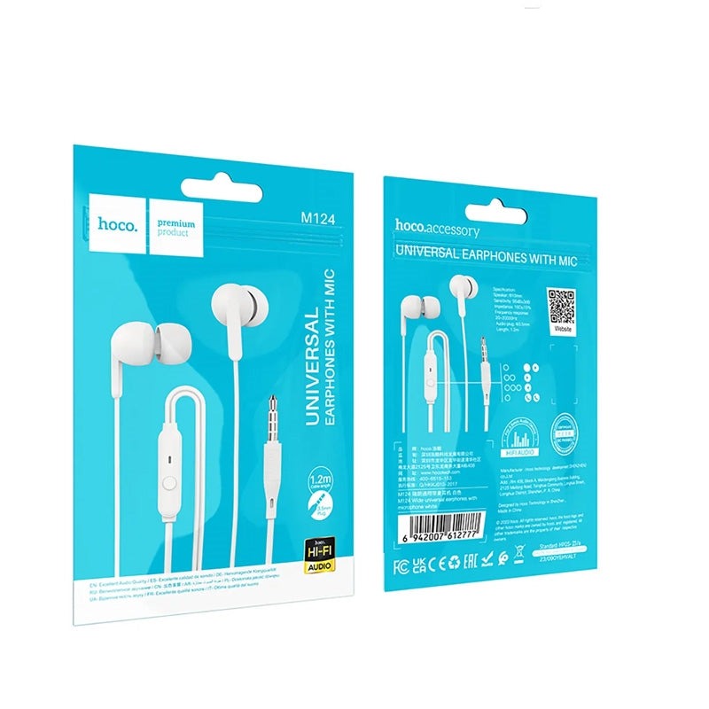 Hoco M124 Wide Universal Buds Earphones with Microphone White-www.firsthelptech.ie