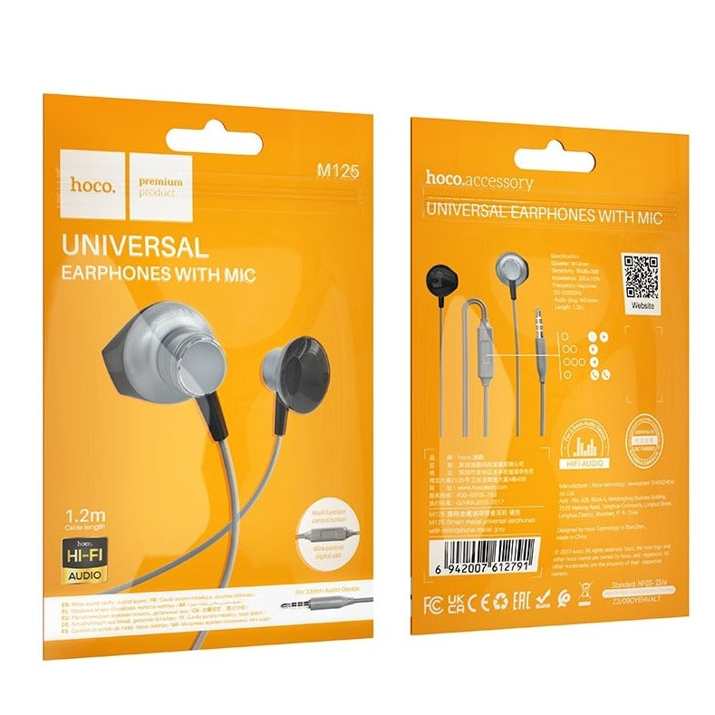 Hoco M125 Smart Metal Universal Earphones with Mic Grey-www.firsthelptech.ie